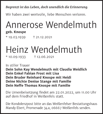 Traueranzeige von Annerose und Heinz Wendelmuth von Trauerkombi Weißenfels