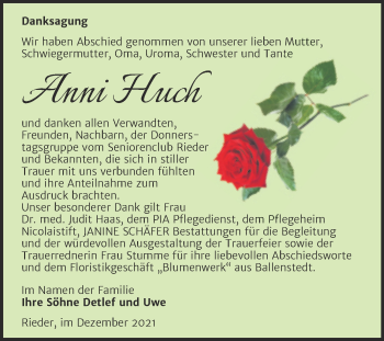 Traueranzeige von Anni Huch von Trauerkombi Quedlinburg