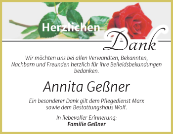 Traueranzeige von Annita Geßner von Trauerkombi Weißenfels