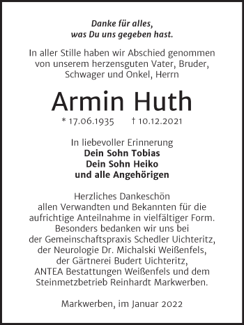 Traueranzeige von Armin Huth von Trauerkombi Weißenfels