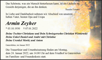 Traueranzeige von Armin Zeyher von Trauerkombi Aschersleben