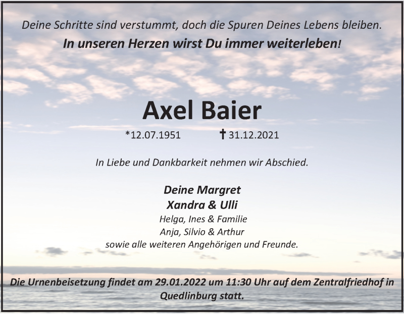  Traueranzeige für Axel Baier vom 15.01.2022 aus Trauerkombi Quedlinburg