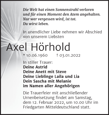 Traueranzeige von Axel Hörhold von Mitteldeutsche Zeitung Halle/Saalkreis