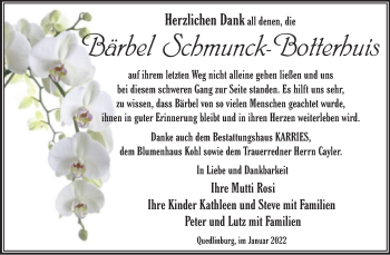 Traueranzeige von Bärbel Schmunck-Botterhuis von Trauerkombi Quedlinburg
