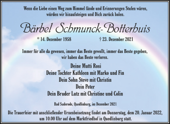 Traueranzeige von Bärbel Schmunck-Botterhuis von Trauerkombi Quedlinburg