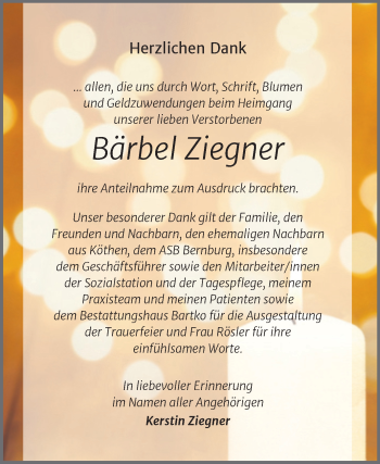 Traueranzeige von Bärbel Ziegner von Trauerkombi Bernburg