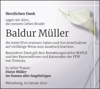 Traueranzeige von Baldur Müller von Trauerkombi Merseburg
