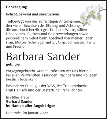 Traueranzeige von Barbara Sander von Trauerkombi Sangerhausen