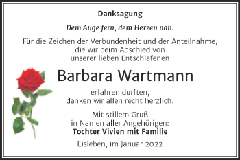 Traueranzeige von Barbara Wartmann von Trauerkombi Mansfelder Land