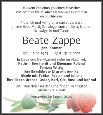 Traueranzeige von Beate Zappe von Trauerkombi Mansfelder Land