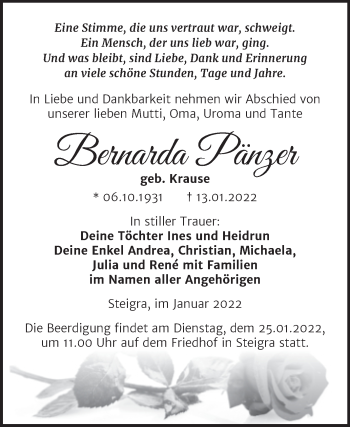 Traueranzeige von Bernarda Pänzer von Trauerkombi Merseburg