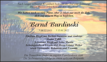 Traueranzeige von Bernd Burdinski von Trauerkombi Dessau