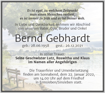 Traueranzeige von Bernd Gebhardt von Trauerkombi Quedlinburg