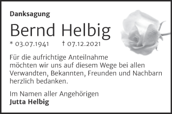 Traueranzeige von Bernd Helbig von Trauerkombi Dessau