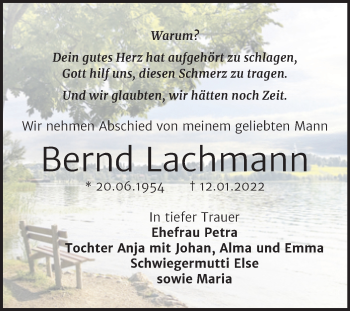 Traueranzeige von Bernd Lachmann von Trauerkombi Aschersleben