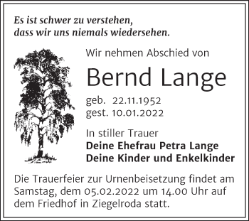 Traueranzeige von Bernd Lange von Trauerkombi Merseburg