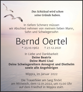 Traueranzeige von Bernd Oertel von Trauerkombi Sangerhausen