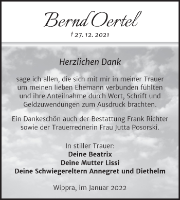 Traueranzeige von Bernd Oertel von Trauerkombi Sangerhausen