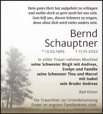 Traueranzeige von Bernd Schauptner von Wochenspiegel Naumburg/Nebra