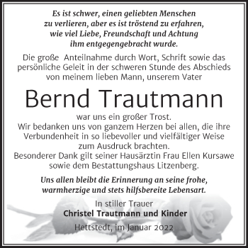 Traueranzeige von Bernd Trautmann von Trauerkombi Mansfelder Land