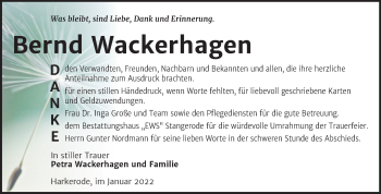 Traueranzeige von Bernd Wackerhagen von Trauerkombi Mansfelder Land