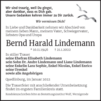 Traueranzeige von Bernd Harald Lindemann von Mitteldeutsche Zeitung Quedlingburg