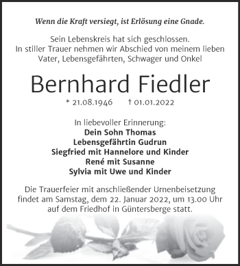 Traueranzeige von Bernhard Fiedler von Trauerkombi Quedlinburg