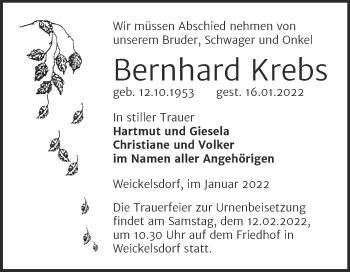 Traueranzeige von Bernhard Krebs von Trauerkombi Zeitz