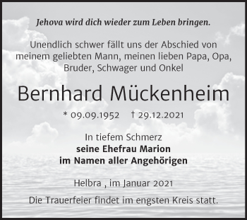 Traueranzeige von Bernhard Mückenheim von Trauerkombi Mansfelder Land