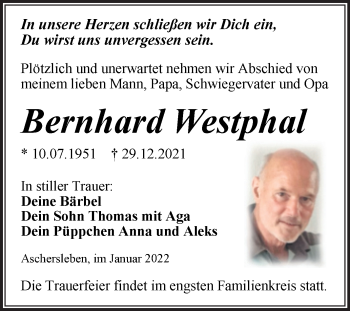 Traueranzeige von Bernhard Westphal von Trauerkombi Aschersleben
