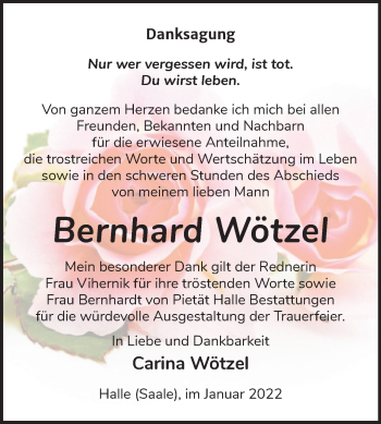 Traueranzeige von Bernhard Wötzel von Mitteldeutsche Zeitung Halle/Saalkreis