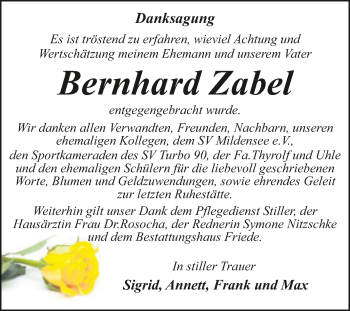 Traueranzeige von Bernhard Zabel von Trauerkombi Dessau
