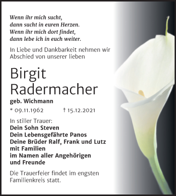 Traueranzeige von Birgit Radermacher von Trauerkombi Bitterfeld