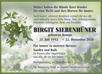 Traueranzeige von Birgit Siebenhüner von Trauerkombi Sangerhausen