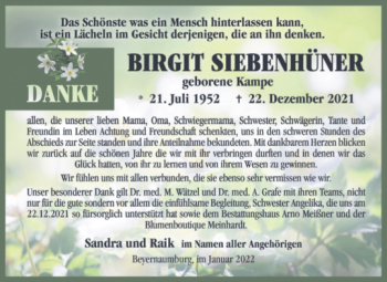 Traueranzeige von Birgit Siebenhüner von Trauerkombi Sangerhausen