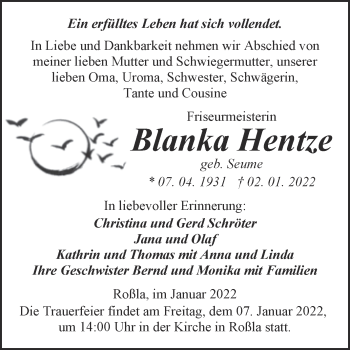 Traueranzeige von Blanka Hentze von Mitteldeutsche Zeitung Sangerhausen