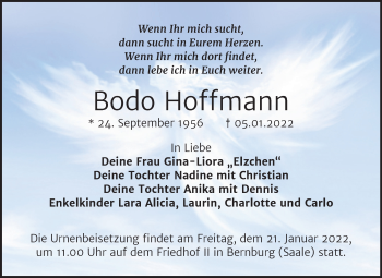 Traueranzeige von Bodo Hoffmann von Trauerkombi Bernburg