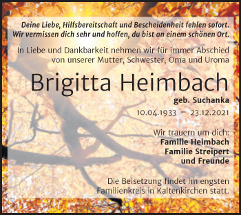 Traueranzeige von Brigitta Heimbach von Mitteldeutsche Zeitung Halle/Saalkreis