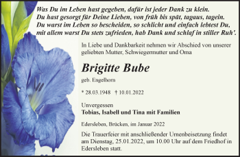 Traueranzeige von Brigitte Bube von Trauerkombi Sangerhausen