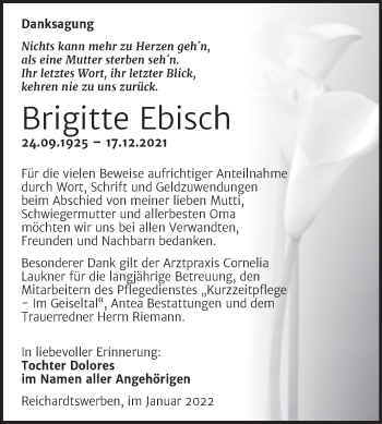 Traueranzeige von Brigitte Ebisch von Trauerkombi Weißenfels