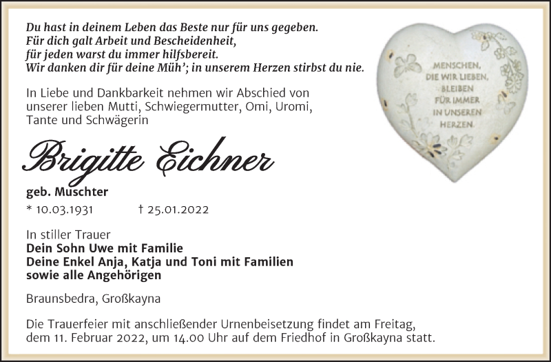  Traueranzeige für Brigitte Eichner vom 29.01.2022 aus Trauerkombi Merseburg