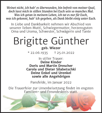 Traueranzeige von Brigitte Günther von Trauerkombi Quedlinburg