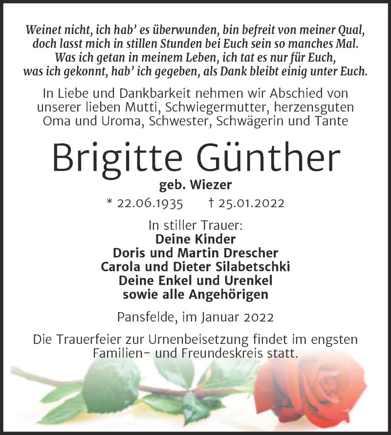  Traueranzeige für Brigitte Günther vom 29.01.2022 aus Trauerkombi Quedlinburg
