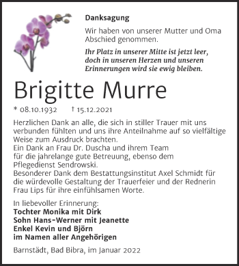 Traueranzeige von Brigitte Murre von Trauerkombi Merseburg