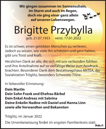 Traueranzeige von Brigitte Przybylla von Trauerkombi Zeitz