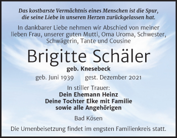 Traueranzeige von Brigitte Schäler von Naumburger Tageblatt