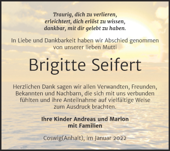 Traueranzeige von Brigitte Seifert von Trauerkombi Wittenberg