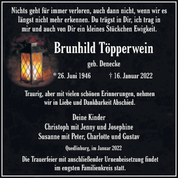 Traueranzeige von Brunhild Töpperwein von Trauerkombi Quedlinburg