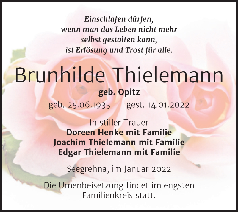  Traueranzeige für Brunhilde Thielemann vom 22.01.2022 aus Trauerkombi Wittenberg