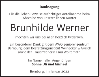 Traueranzeige von Brunhilde Werner von Trauerkombi Bernburg